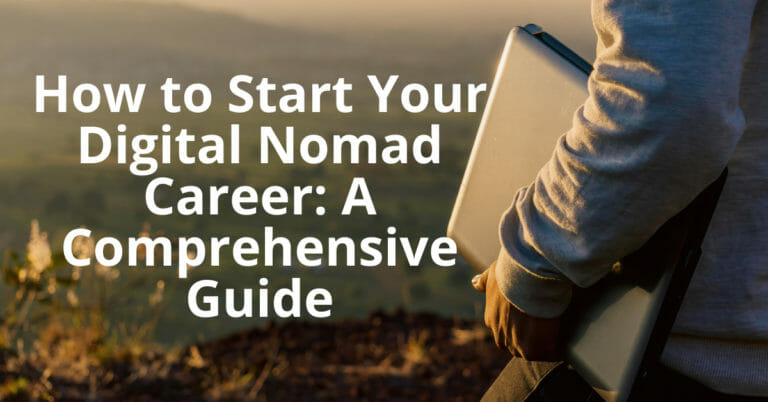 Taong may laptop sa bukid sa paglubog ng araw. Teksto: Paano Simulan ang Iyong Digital Nomad Career: Isang Gabay mula sa Iligan City.