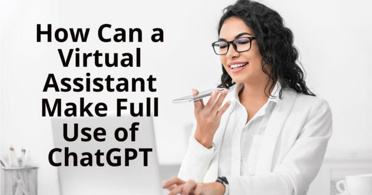 Nakangiting babaeng nakaputi gamit ang telepono. Text: Paano Magagamit ng Virtual Assistant sa Iligan City ang ChatGPT?.