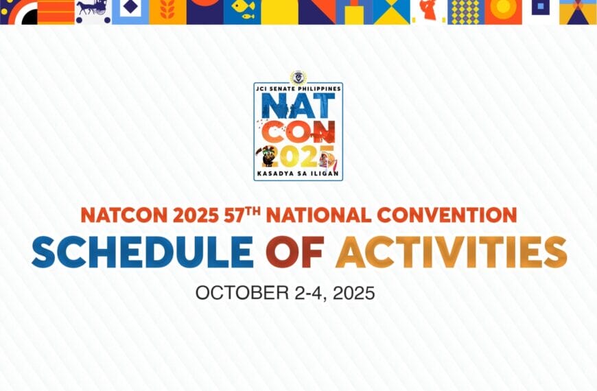 Makukulay na banner na may iskedyul ng mga aktibidad ng Natcon 2025, Oktubre 2 4, 2025 sa sentro.
