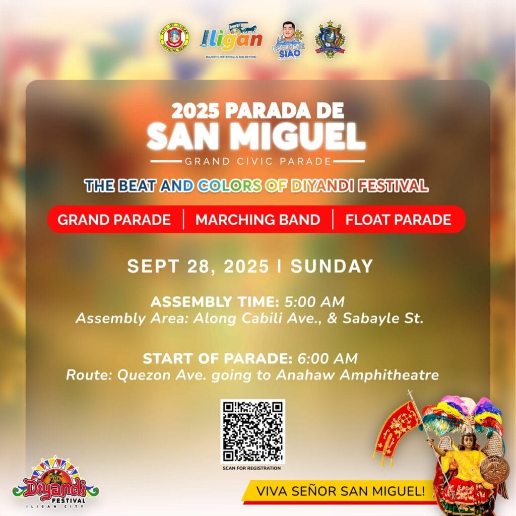 Makukulay na poster ng festival para sa 2025 San Miguel Parade sa Iligan, na may mga detalye ng kaganapan at festive graphics.