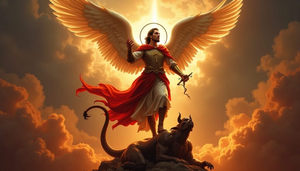 Isang nakabaluti na anghel na may nagliliwanag na pakpak ang nakatayo sa ibabaw ng isang hayop, na umaalingawngaw sa diwa ng Iligan Fiesta 2025.