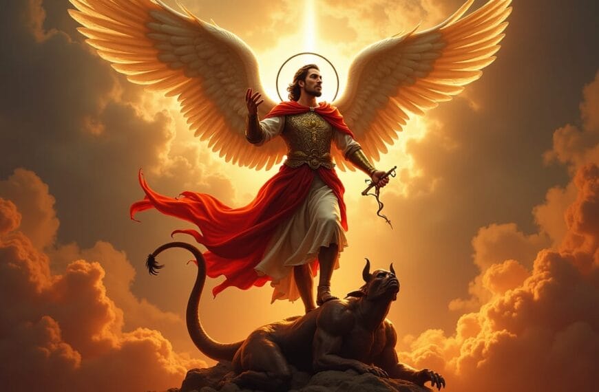 Isang nakabaluti na anghel na may nagliliwanag na pakpak ang nakatayo sa ibabaw ng isang hayop, na umaalingawngaw sa diwa ng Iligan Fiesta 2025.