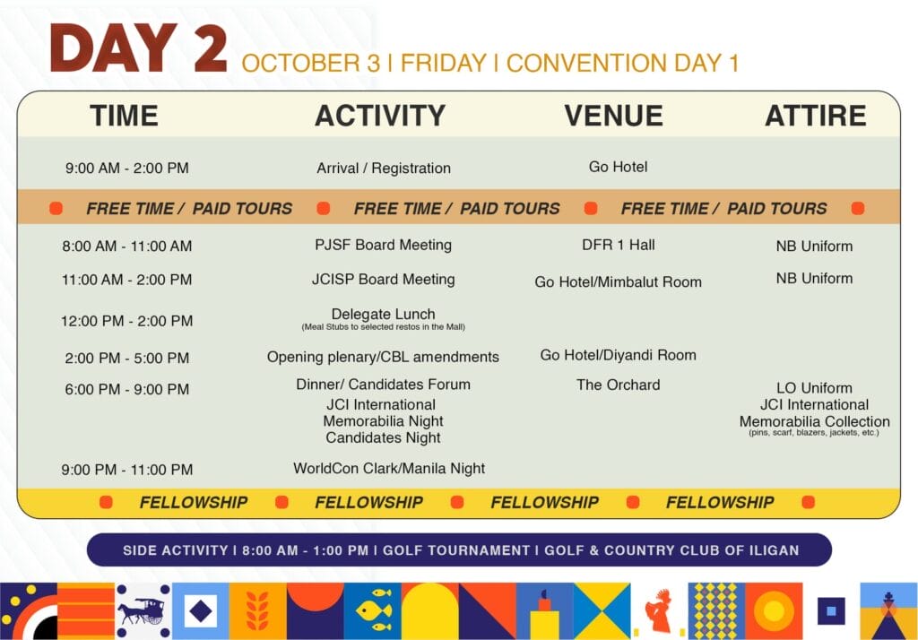 colorful day 2 event schedule board for natcon 2025 with time slots, activities, venues &amp; attire details.