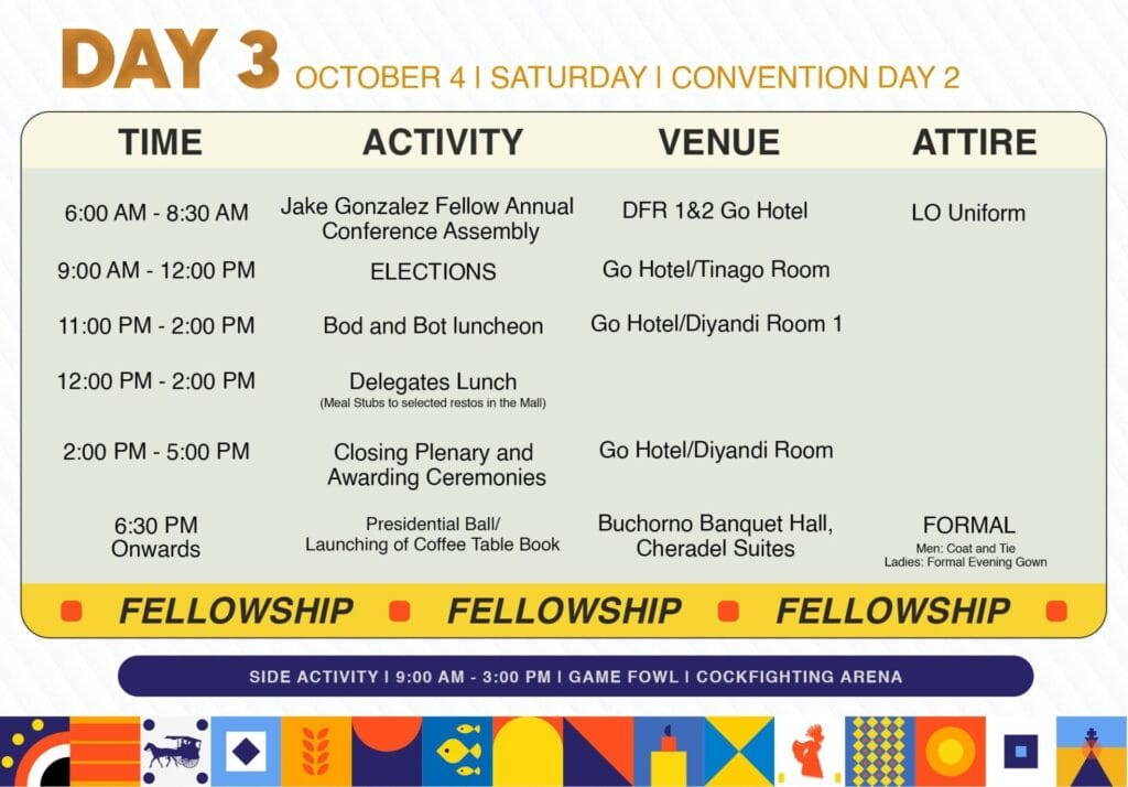 event schedule with times, activities, venues, and attire for jci senate philippines natcon 2025’s third day.