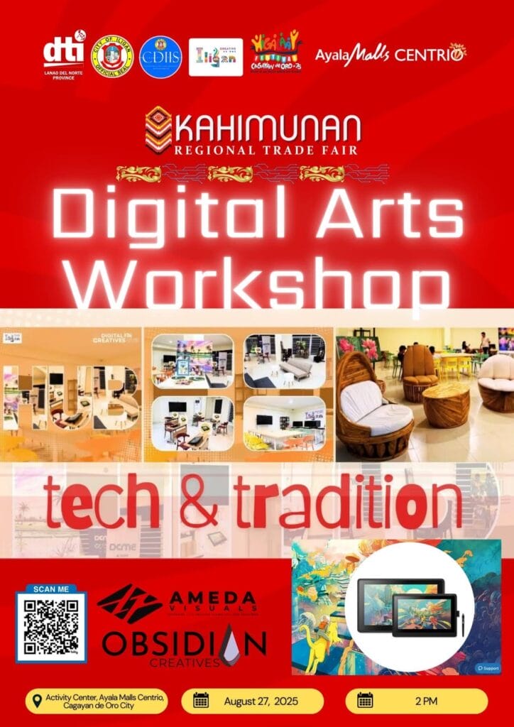 a colorful poster for a digital arts workshop at ayala malls centrio on august 27, 2025, at 2 pm.