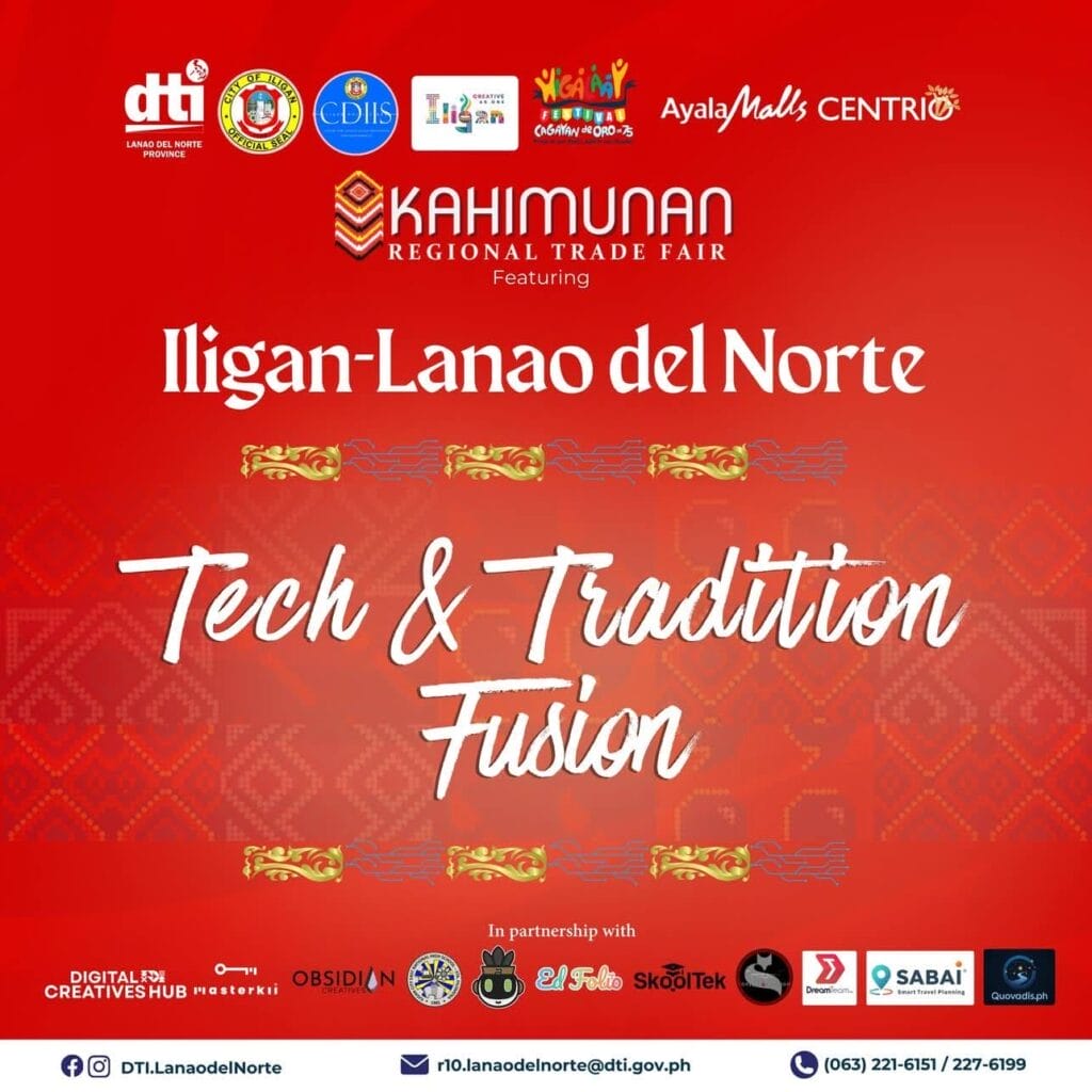 red poster for iligan lanao del norte trade fair, “tech &amp; tradition fusion,” with logos and event details.
