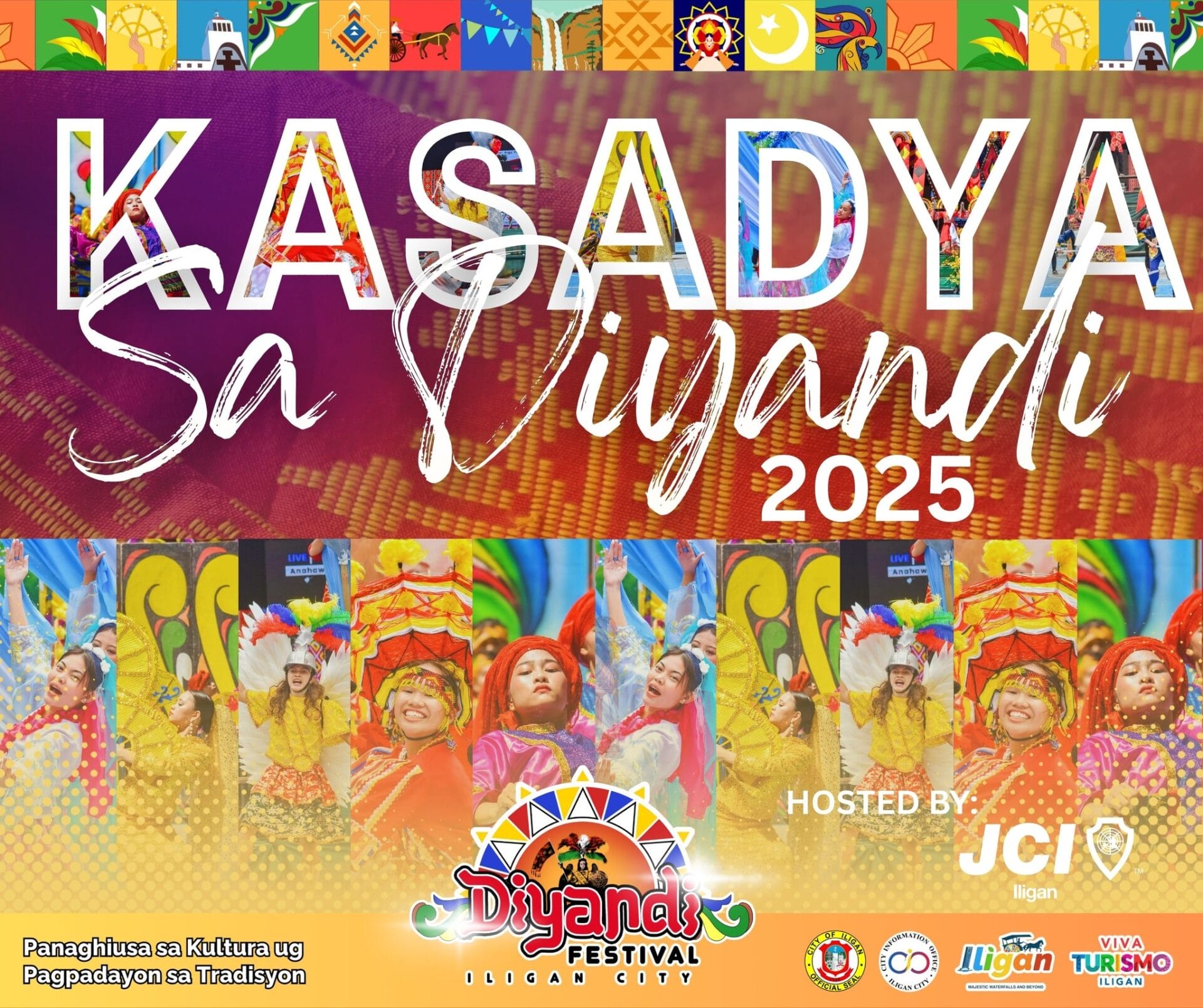 Makukulay na poster ng festival na may mga mananayaw at isang talahanayan ng premyo, na nagsasabing "Kasadya sa Diyandi 2025, Iligan City.".