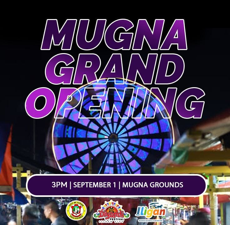 large purple text reads mugna grand opening over a lit ferris wheel for iligan fiesta 2025; details below.