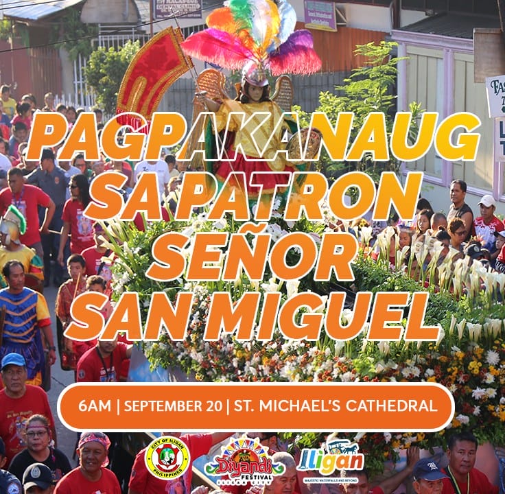 colorful street parade with a flower float, key events for diyandi festival and señor san miguel are highlighted.