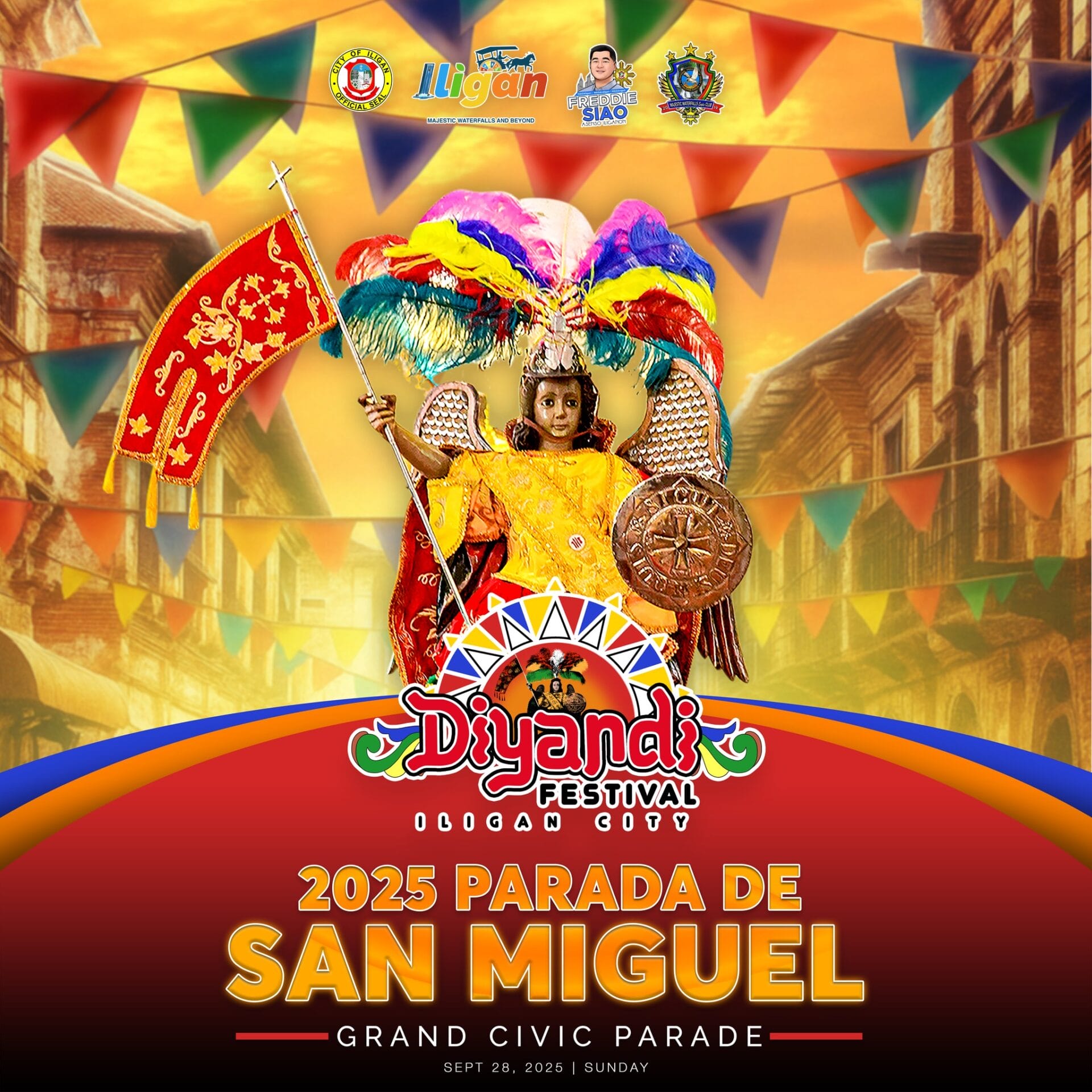 Isang batang nakasuot ng makulay na costume ng Santo Niño ang nagpopose na may mga banner at festival decor para sa Diyandi Festival ng Iligan Citys.