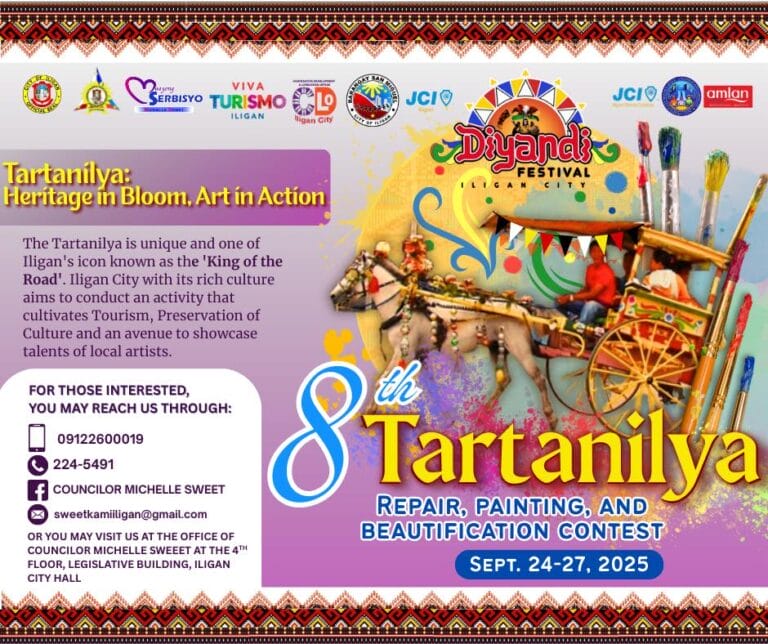 Makukulay na poster ng festival para sa 8th Tartanilya Contest, na may impormasyon sa kaganapan, mga detalye ng pakikipag-ugnay, at maligaya na graphics.