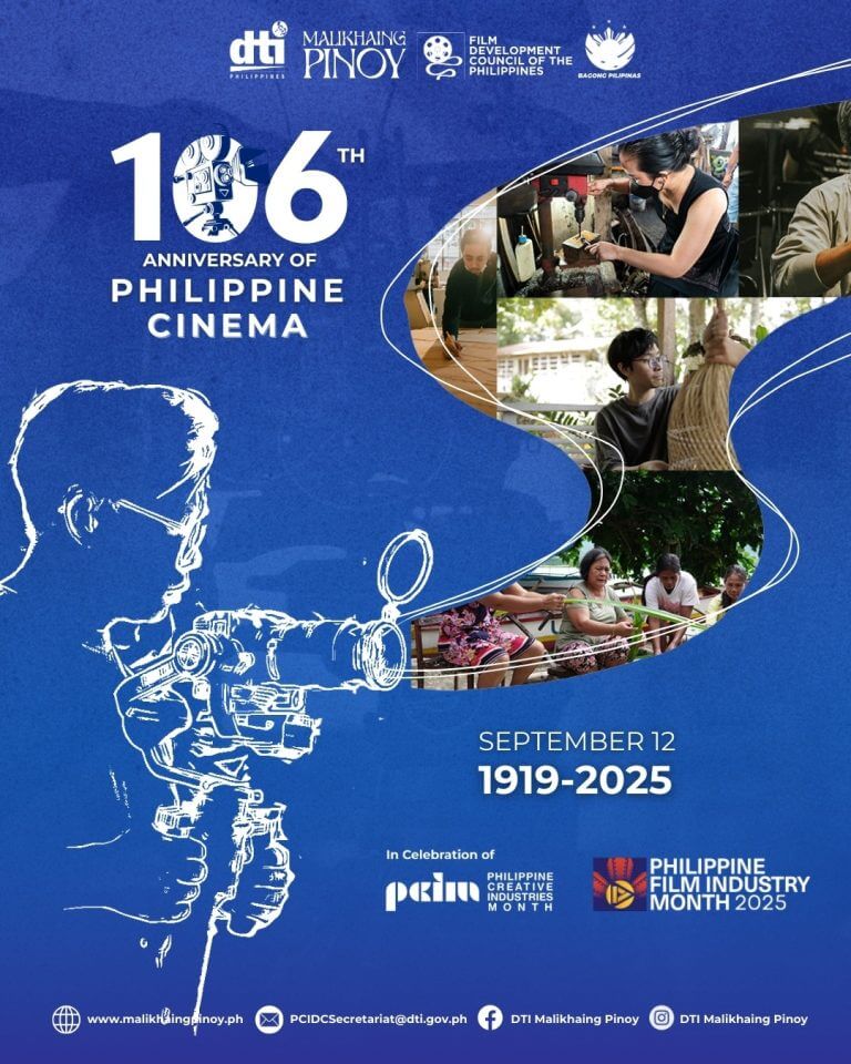 poster celebrating 106 years of philippine cinema in iligan, featuring filmmakers, camera, and event details.