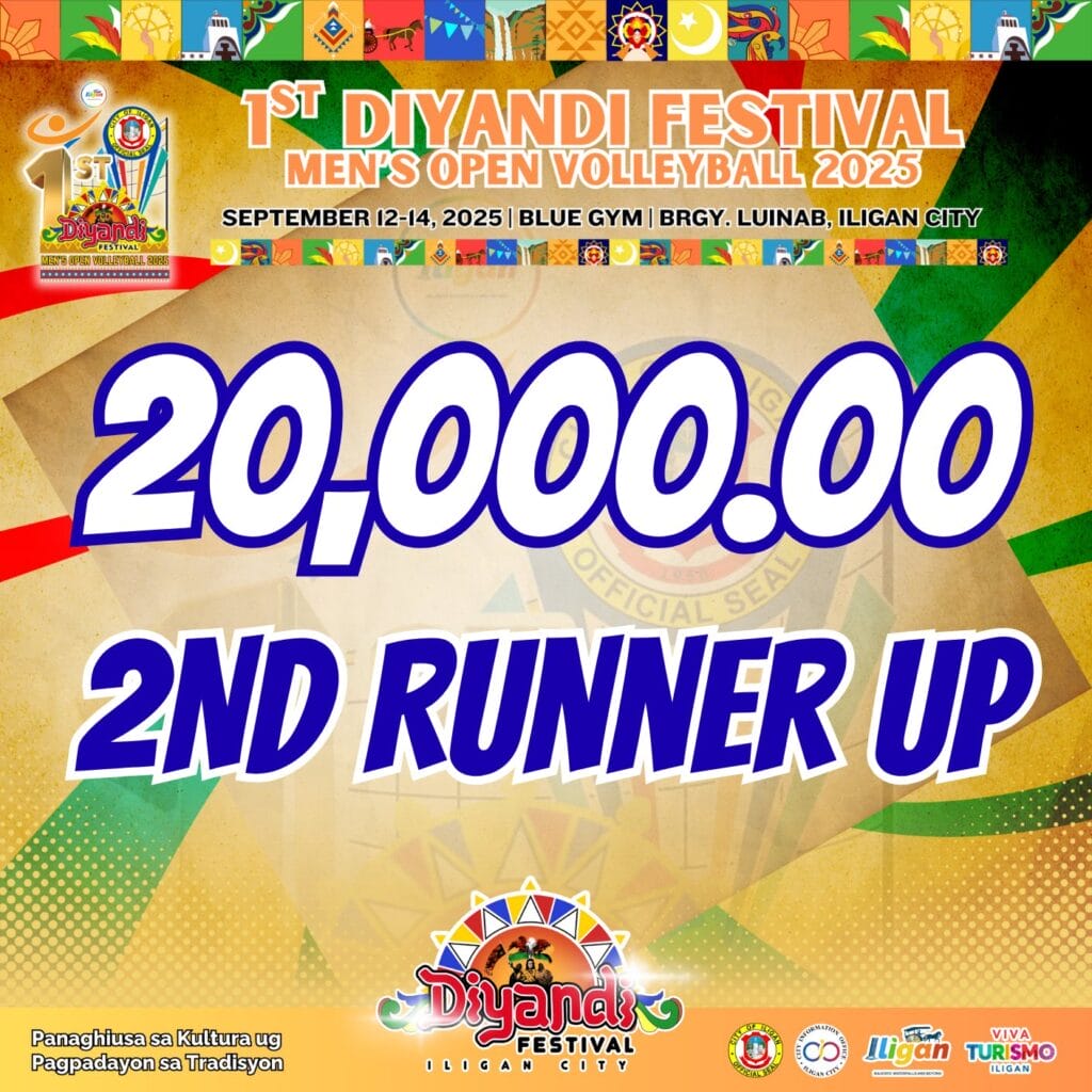 colorful poster for diyandi festival mens volleyball 2025: ₱20,000 2nd runner up, iligan city, vibrant patterns.