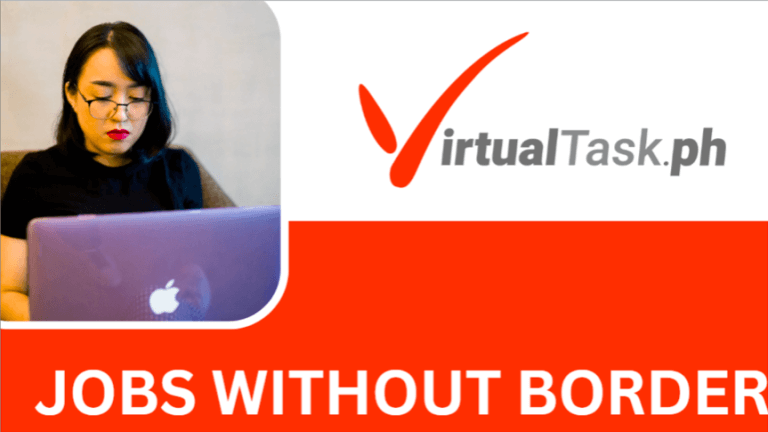 Babae na nagtatrabaho sa isang laptop, VirtualTask PH logo, at Text: Jobs Without Borders sa isang orange banner para sa mga online na serbisyo.