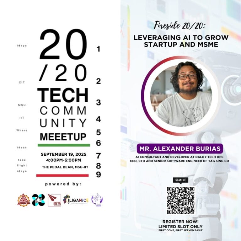 Poster ng kaganapan para sa isang tech meetup sa paglago ng AI, na nagtatampok ng tagapagsalita na si Alexander Burias at mga detalye ng kaganapan.