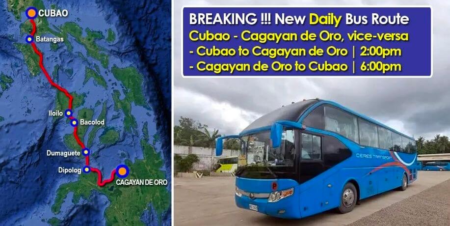 Mapa ng bagong ruta ng bus Cubao–Cagayan de Oro sa tabi ng isang asul na bus at mga detalye ng iskedyul sa kanan.