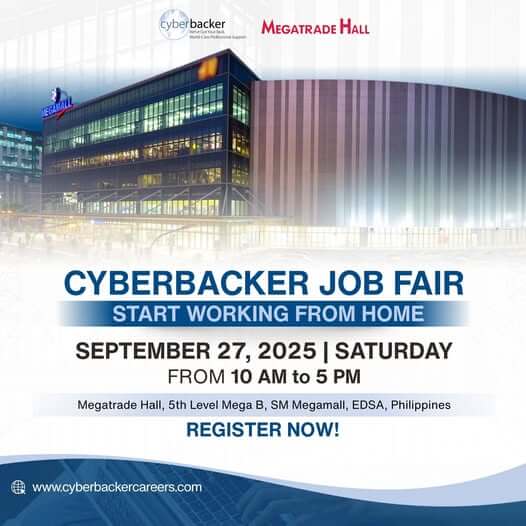 Panlabas na tanawin ng Megatrade Hall, SM Megamall, na may teksto tungkol sa Remote Work Careers Job Fair 2025 sa Setyembre 27.