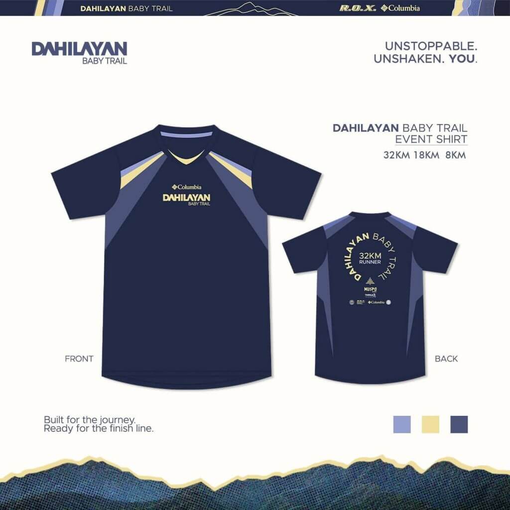 navy blue sports event shirt with gold accents for dahilayan baby trail 2025 in bukidnon; details on both sides.