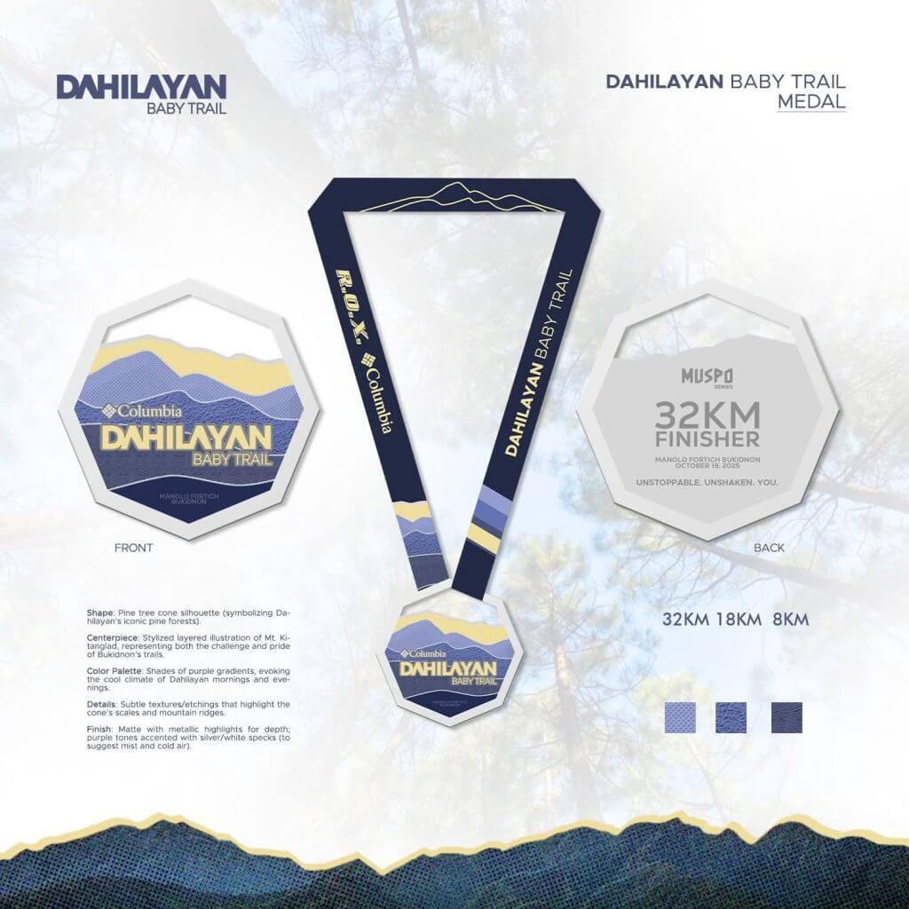 a blue and gold hexagonal race medal with a mountain design celebrates the dahilayan baby trail outdoor adventure.