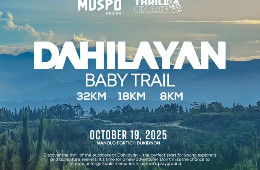 Dahilayan Baby Trail event poster na may Bukidnon Mountain Landscape, mga detalye ng kaganapan, at mga logo ng sponsor.
