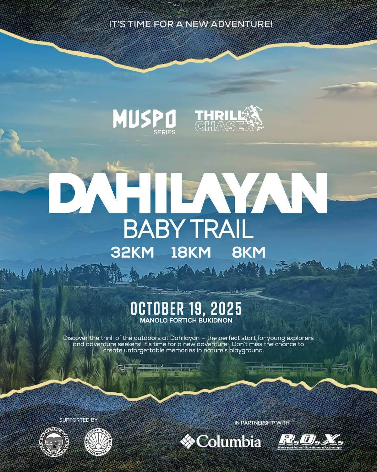 Dahilayan Baby Trail event poster na may Bukidnon Mountain Landscape, mga detalye ng kaganapan, at mga logo ng sponsor.
