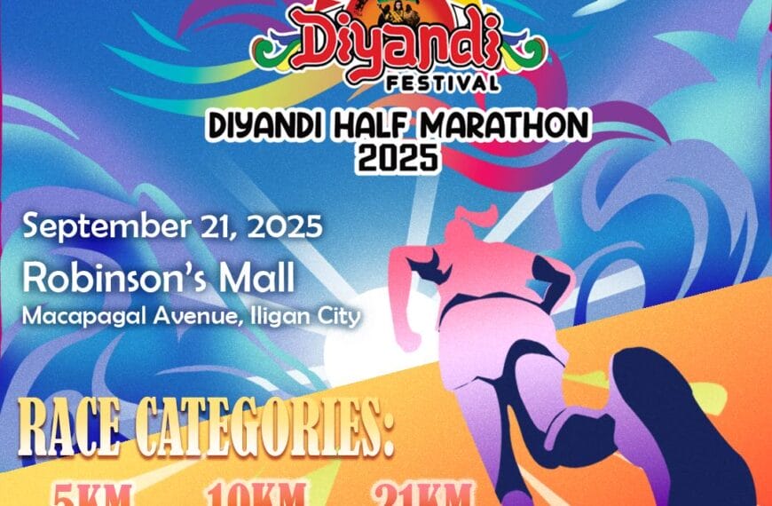 Isang makulay na poster ng Diyandi Festival para sa 2025 Iligan Half Marathon na may mga detalye ng karera at mga logo ng sponsor.