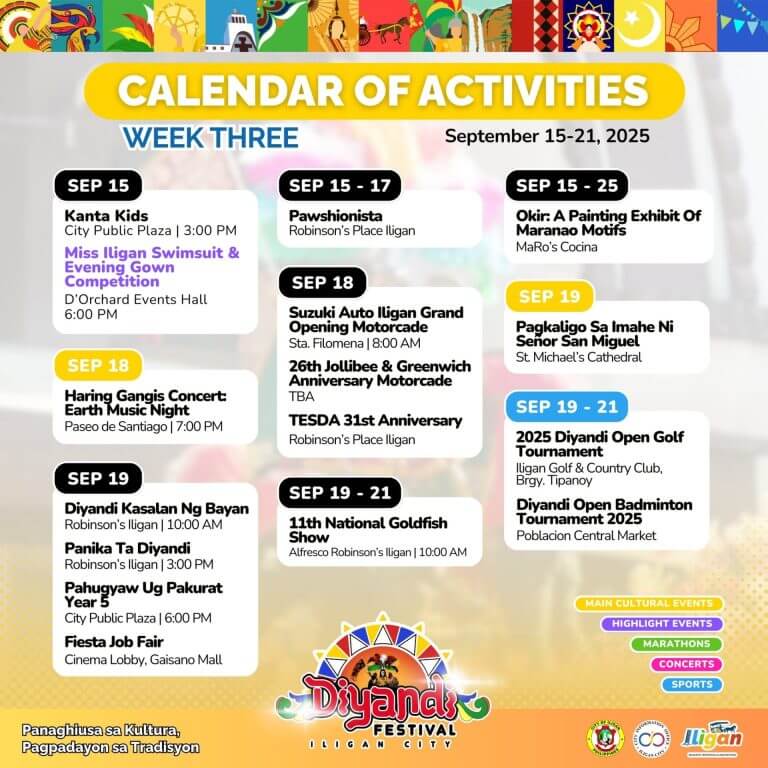 Makukulay na kalendaryo ng diyanda festival na nagpapakita ng mga kaganapan at petsa para sa Setyembre 15 21, 2025, sa lungsod ng Iligan.