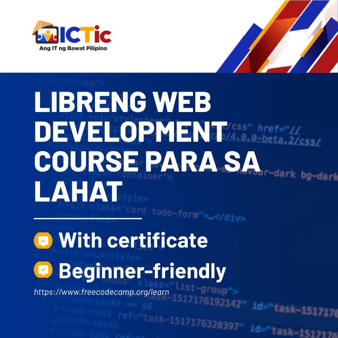 Blue ad na nag-aalok ng libreng pagsasanay sa pag-unlad ng web sa filipino, beginner friendly na may kasamang sertipiko.