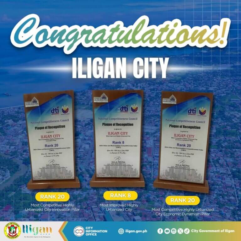 Tatlong plake ng parangal para sa Lungsod ng Iligan ang nakadispley, na nagdiriwang ng mga nangungunang ranggo sa mga kategorya ng pagiging mapagkumpitensya.