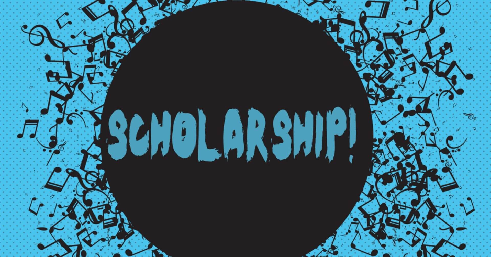 asul na iskolar! Ang teksto sa isang itim na bilog, na napapalibutan ng mga tala ng musika, ay nagtatampok ng mga scholarship ng MSU IIT sa isang asul na background.