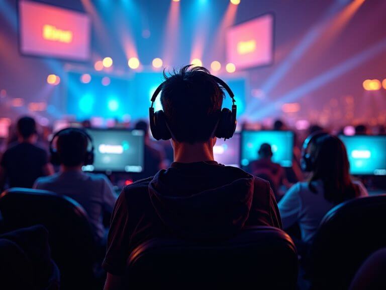 Ang mga tinedyer na manlalaro na may headset ay nakikipagkumpitensya sa mga computer sa isang masigla at neon lit Iligan e sports tournament arena.