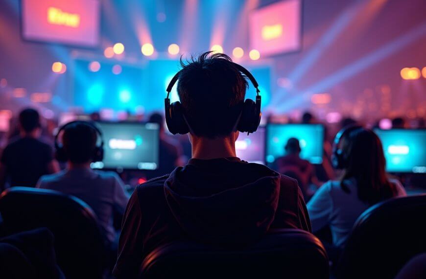 Ang mga tinedyer na manlalaro na may headset ay nakikipagkumpitensya sa mga computer sa isang masigla at neon lit Iligan e sports tournament arena.