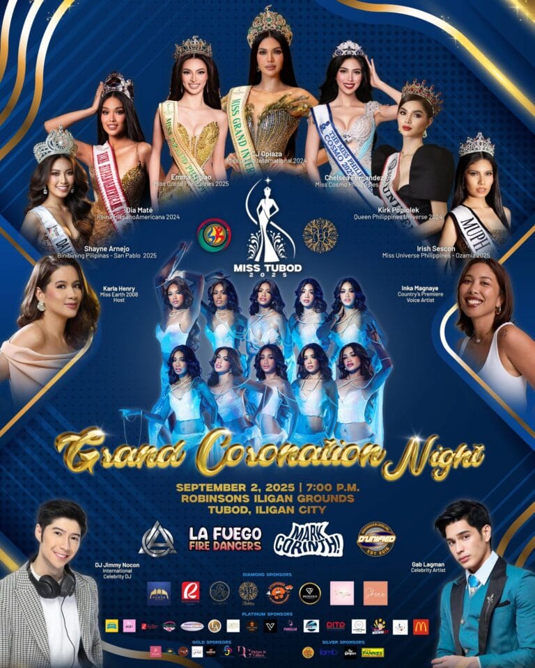 Miss Tubod Coronation Poster na may mga reyna, kandidato, mga detalye ng kaganapan, at mga panauhing tagapalabas sa isang asul na backdrop.
