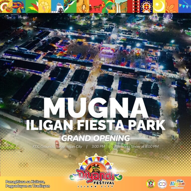 Aerial night view ng Iligan Fiesta Park na nagniningning, na nagtatampok sa pagdiriwang ng Diyandi Festival.