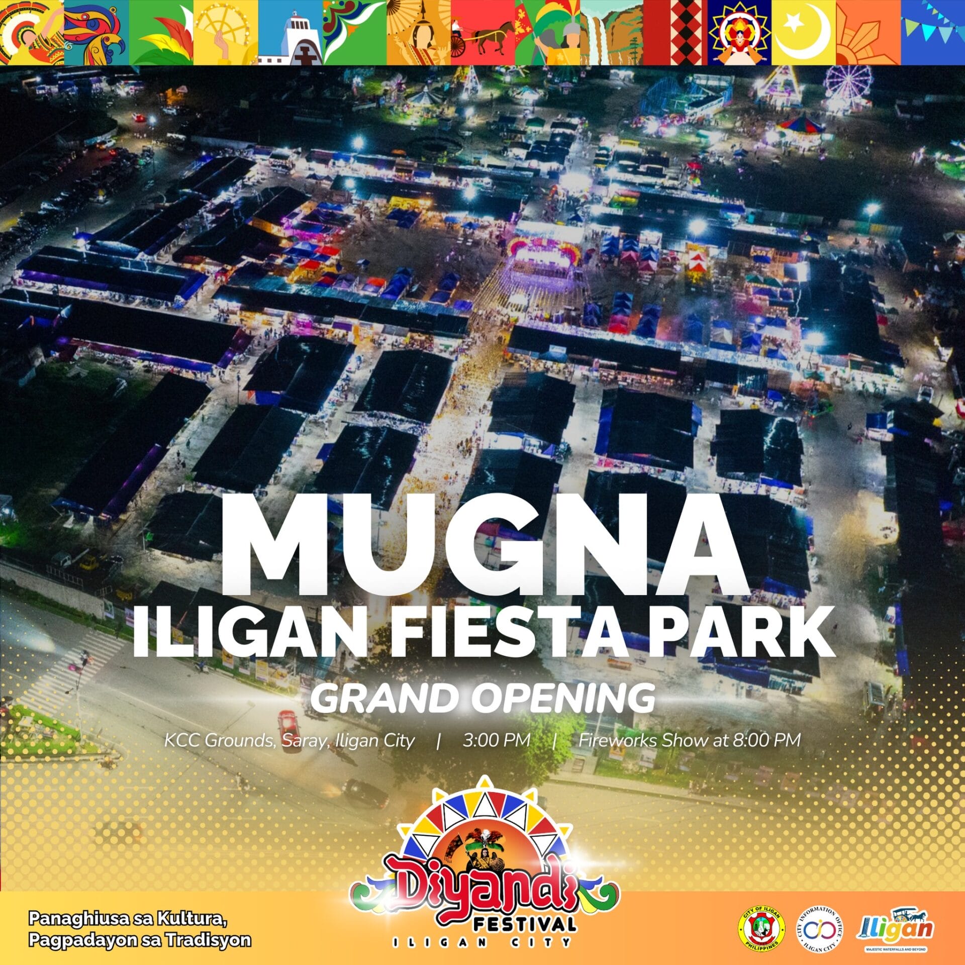 Aerial night view ng Iligan Fiesta Park na nagniningning, na nagtatampok sa pagdiriwang ng Diyandi Festival.