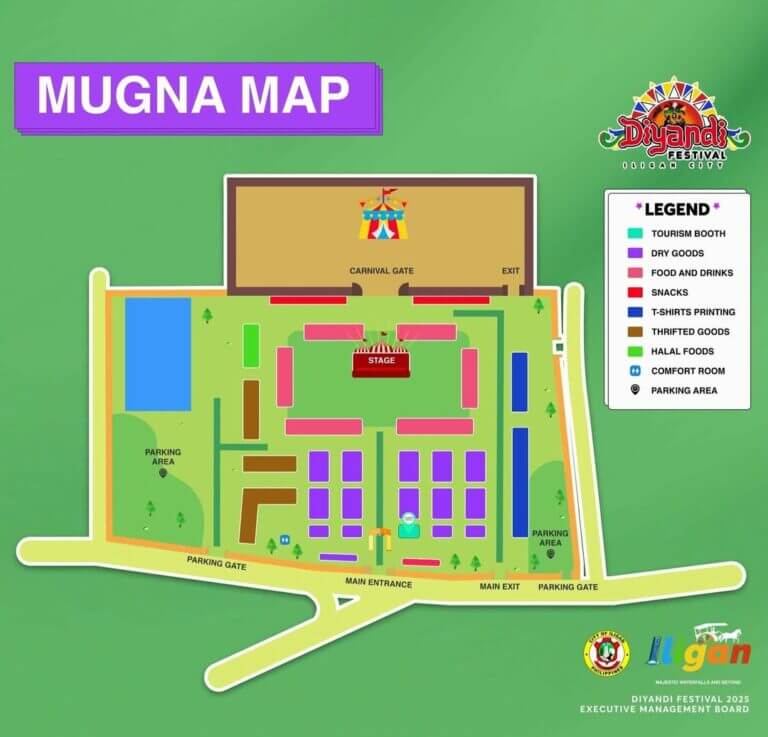 Mapa ng bakuran ng Mugna Festival na may label na mga booth, parking area, gate, entablado, at alamat sa kanan.