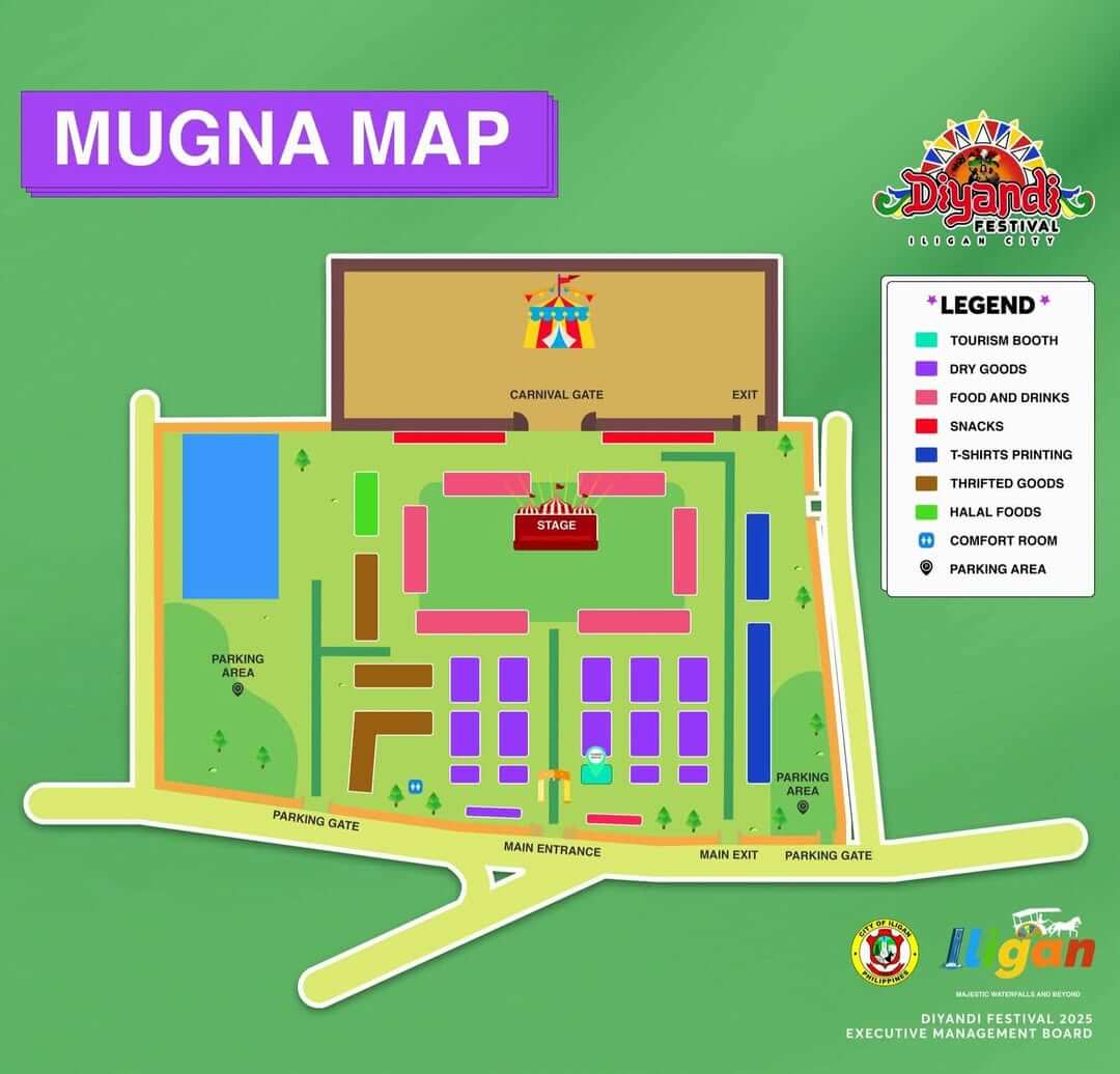 Mapa ng bakuran ng Mugna Festival na may label na mga booth, parking area, gate, entablado, at alamat sa kanan.