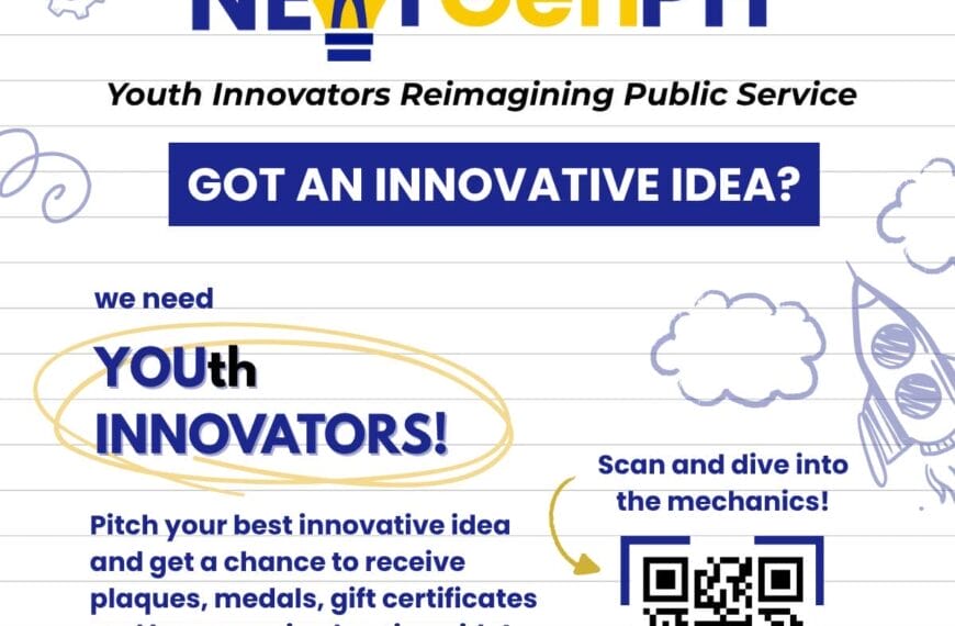 poster para sa paligsahan ng NextGenph Youth Innovators; Bukas sa mga mahilig sa serbisyo publiko sa high school at kolehiyo. QR code sa loob.