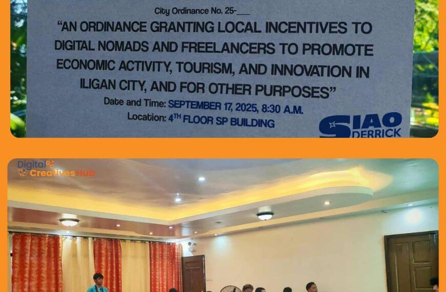 Split Image: Itaas—poster ng pagdinig sa publiko; ibaba—mga taong nakaupo sa isang silid, ang ilan ay nagsasalita sa isang mesa sa harapan.