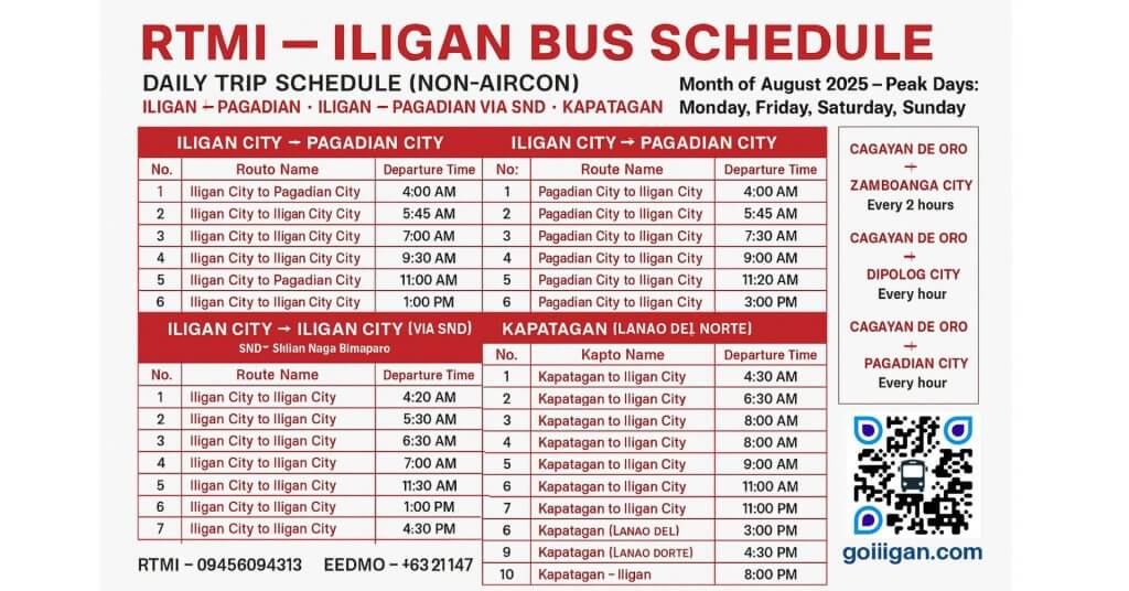 iligan city transportation schedule for august 2025: bus terminals, routes, times, qr code, contact details.