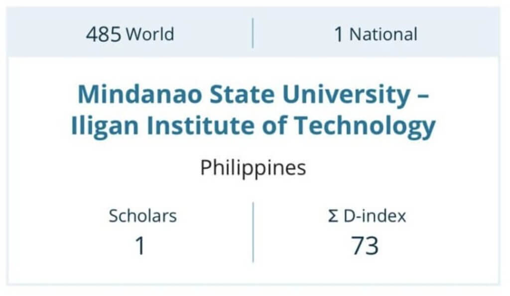ranking card showing msu iit–485th world, 1st national, d index 73; best physics university philippines.