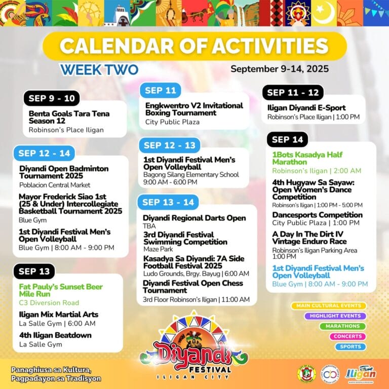 colorful diyandi festival 2025 calendar listing iligan city events, venues, icons, and competitions from sept 9–15.