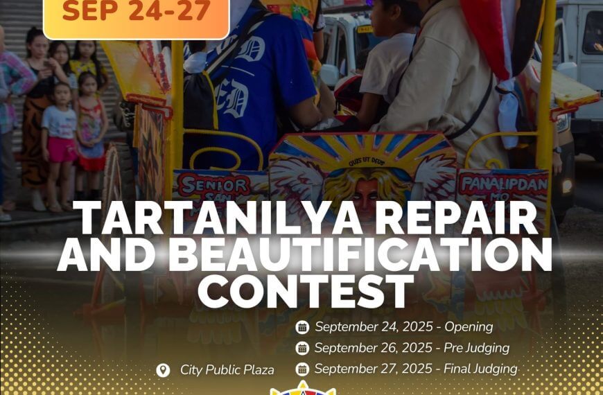 Isang grupo ang sumakay sa isang makulay na Tartanilya na nagtataguyod ng isang tartanilya repair and beautification contest event.