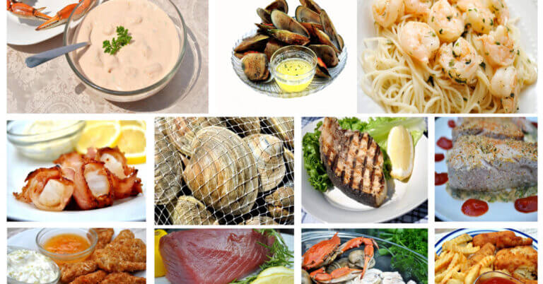 Isang collage ng mga pagkaing-dagat, na inspirasyon ng Lungsod ng Iligan—tahanan ng mga marilag na talon at sariwang lasa sa baybayin.