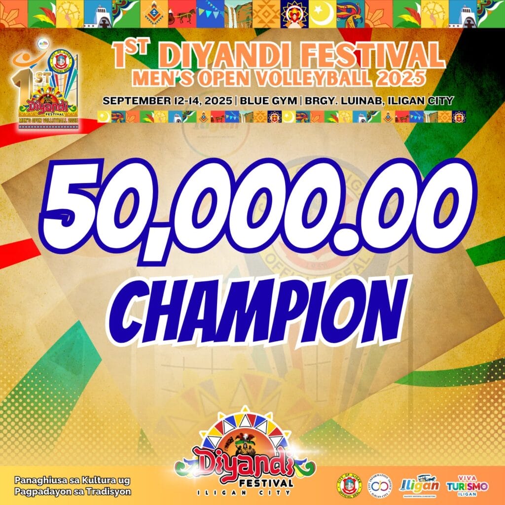 text graphic for the 1st diyandi festival men’s volleyball 2025 in iligan city, highlighting 50,000.00 champion.