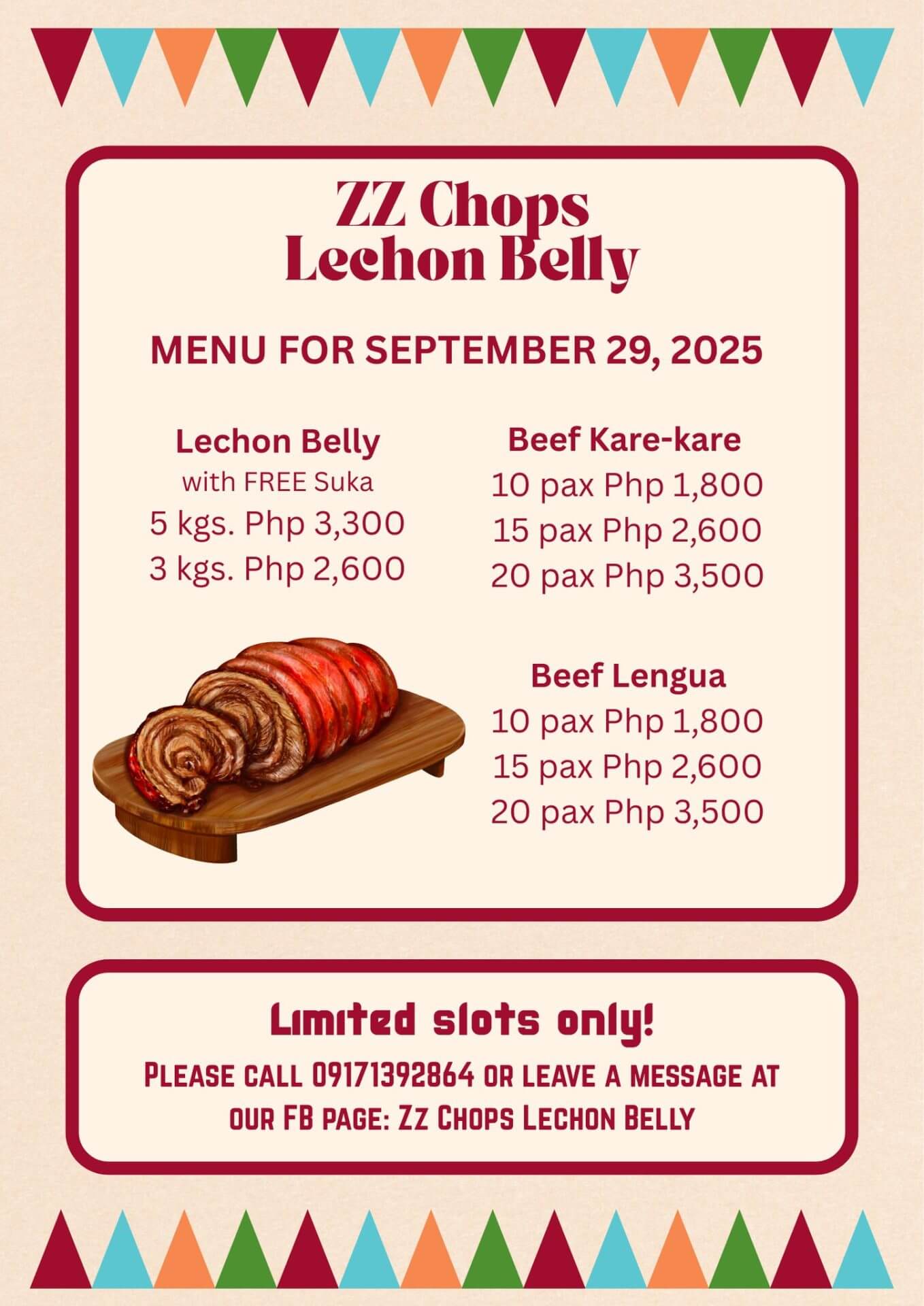 maligaya flyer para sa zz chops lechon tiyan menu na may mga presyo, lechon tiyan order info, at isang hiwa lechon imahe.