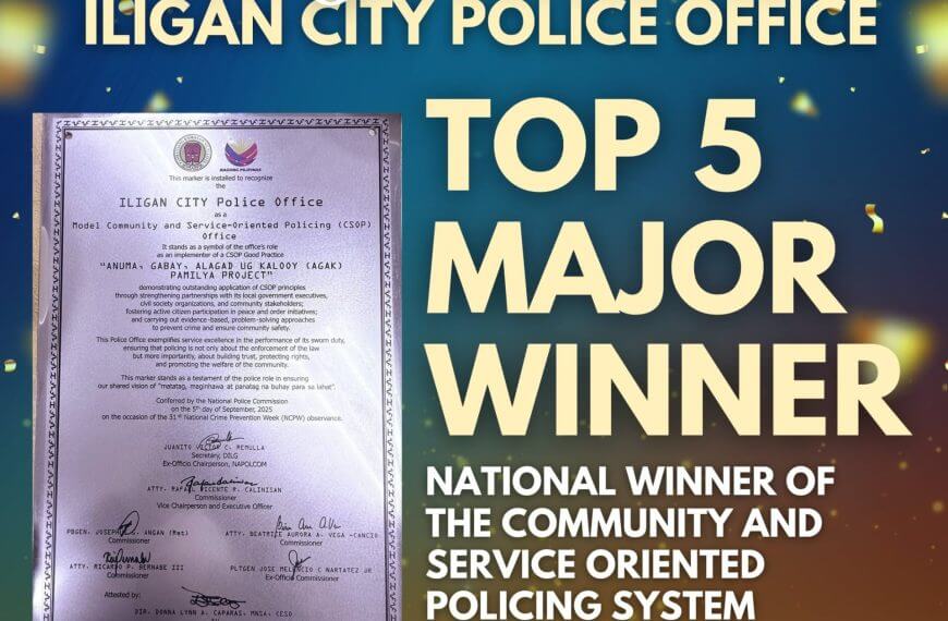 framed certificate beside bold text: top 5 major winner for iligan city police office’s national award.