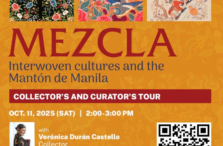 poster for mezcla art tour at ayala museum; features colorful textile patterns and event details.