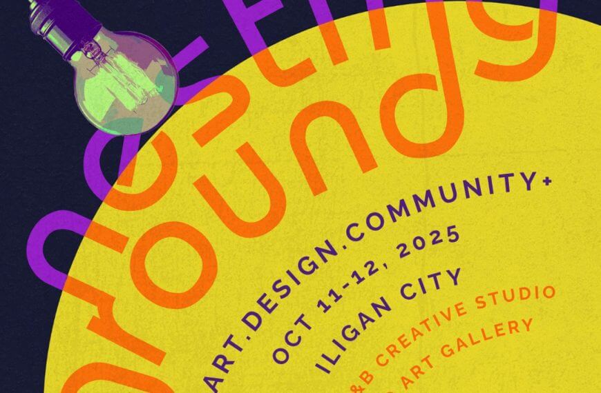 a hanging light bulb above orange text and event details for design week philippines in iligan city.