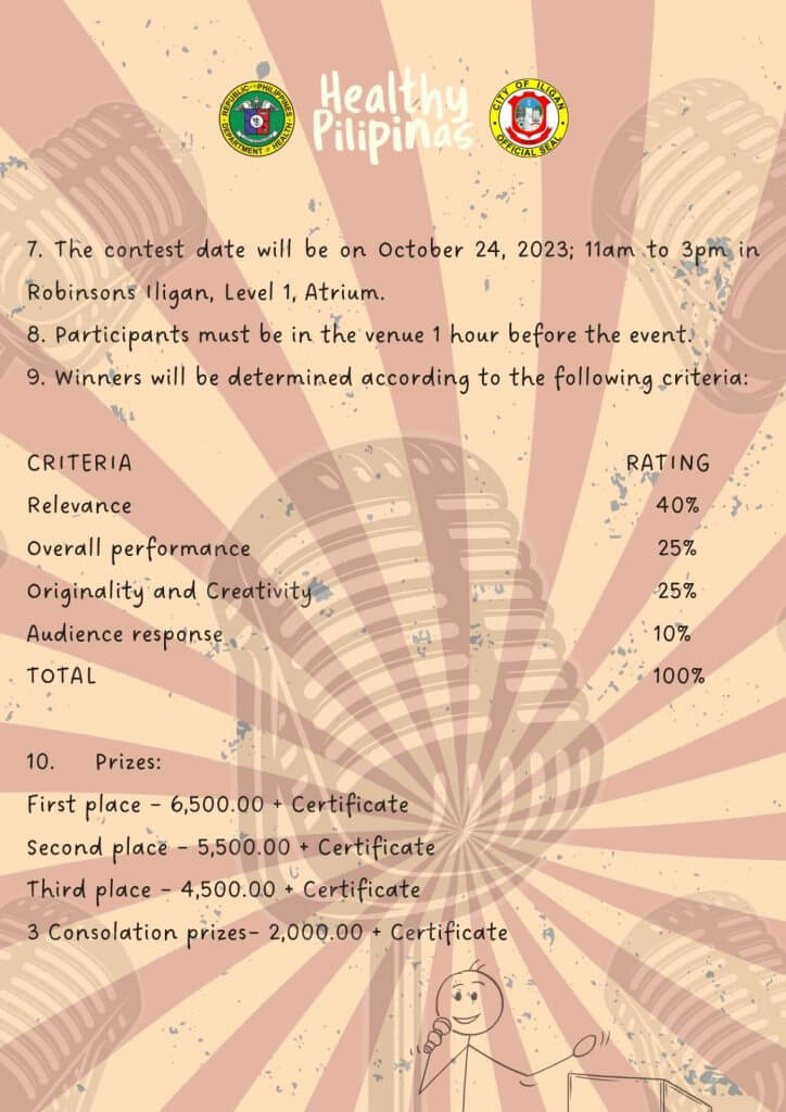 contest rules and prizes list on a patterned background with iligan logos and a spoken poetry microphone doodle.